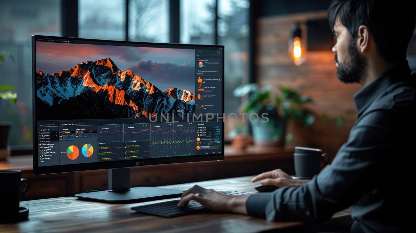 A man is sitting in front of a computer monitor with a mountain in the background. He is working on a project, possibly related to technology or design. The atmosphere of the image is focused