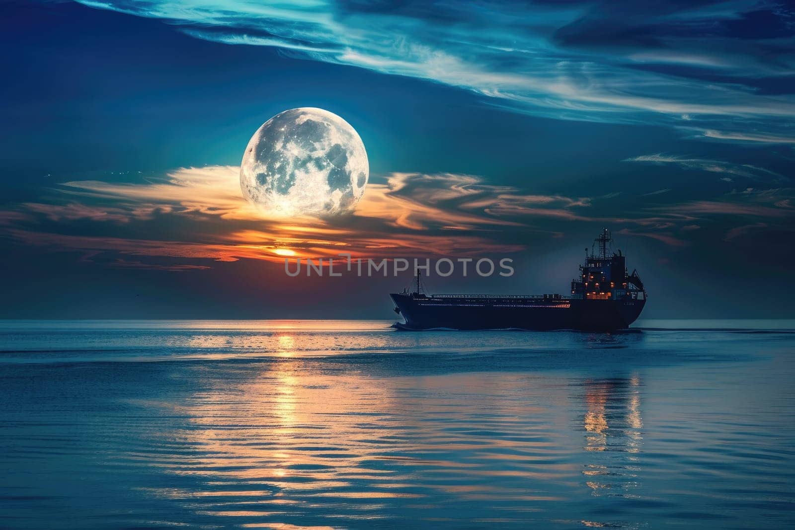 A dramatic silhouette of a cargo ship sailing across a calm ocean under a full moon