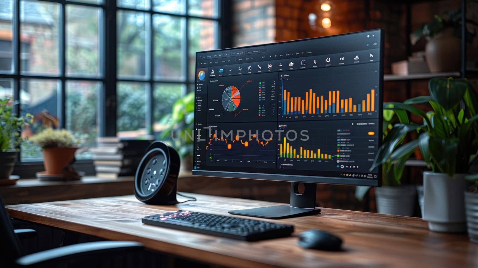 A computer monitor displays a number of graphs and charts.