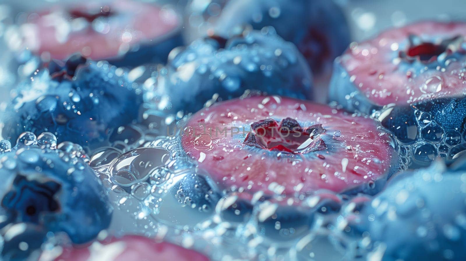 Blueberries and raspberries float in a clear bowl of water. The fruits are vibrant and plump, with droplets of water glistening on their skins.