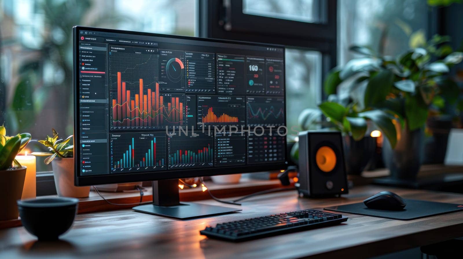 A computer monitor displays a number of graphs and charts. The computer is on a desk with a keyboard and mouse. A potted plant is on the desk, and there are several candles in the background