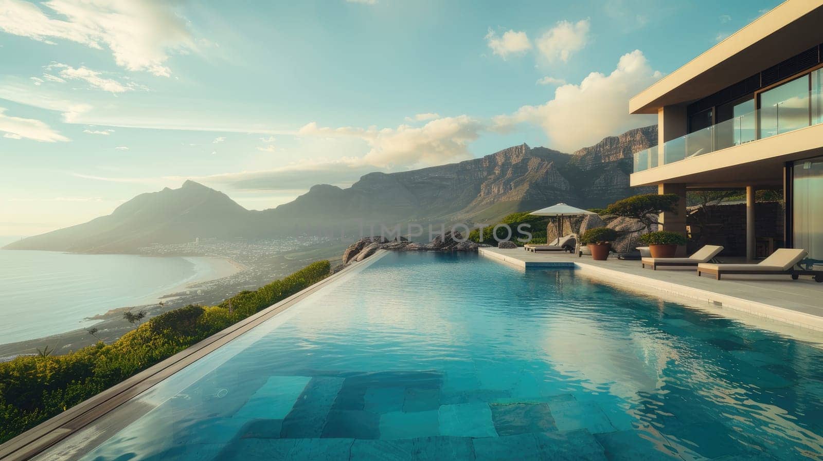 A wide shot of an infinity pool overlooking a stunning landscape, like mountains or the ocean