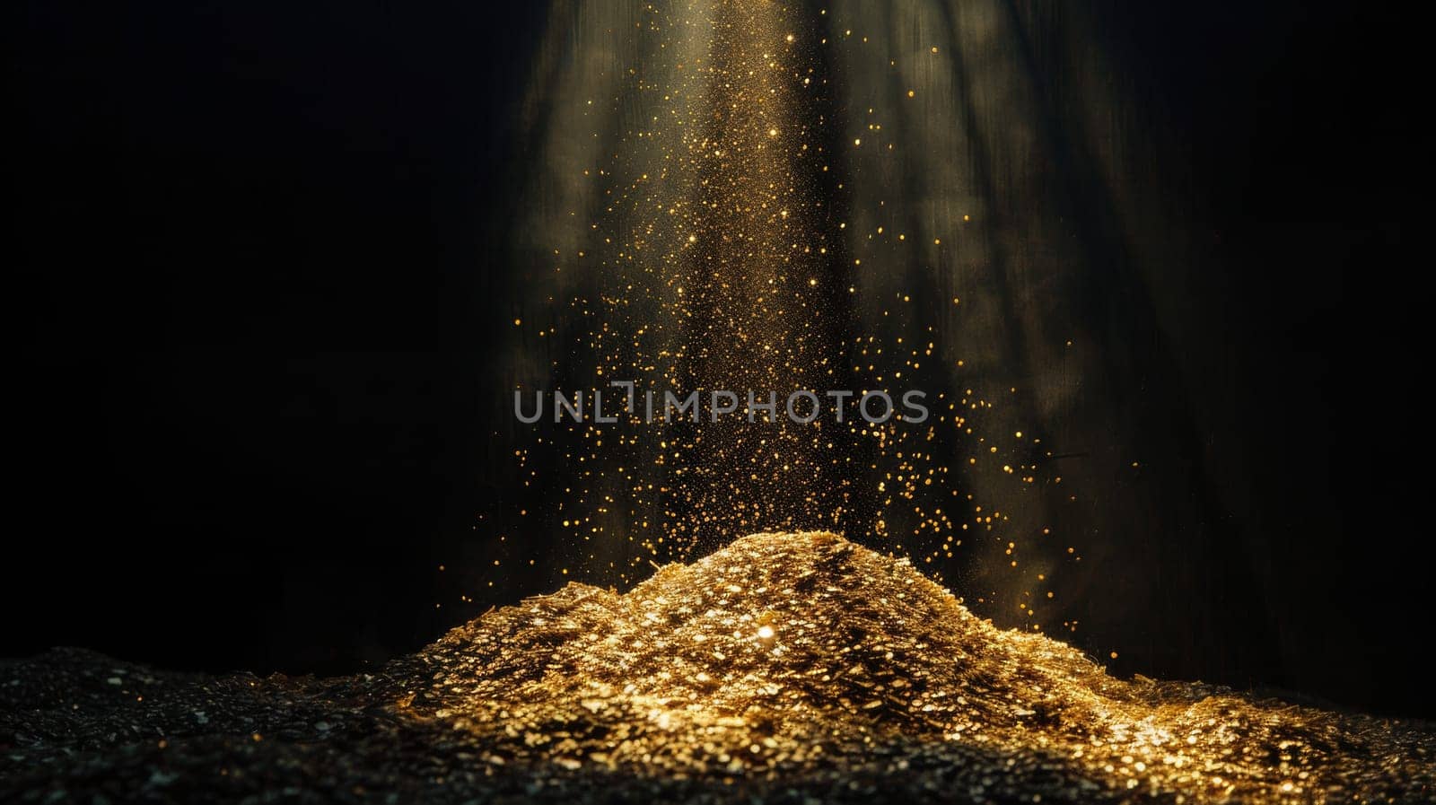 Golden glitter sparkling under a beam of light on a dark background