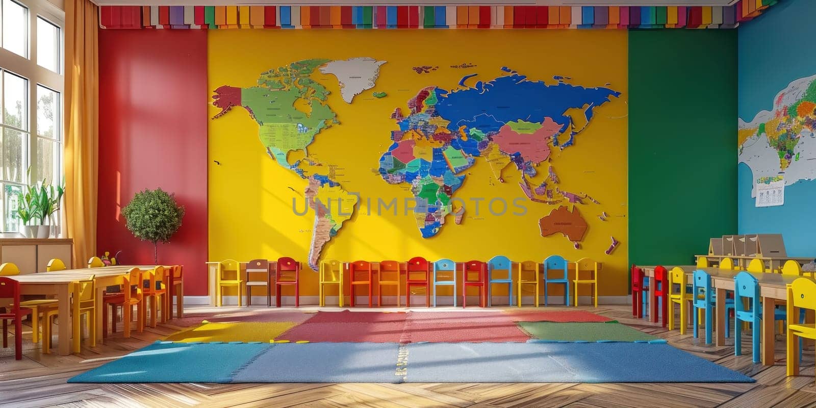 A large colorful world map is on the wall of a room by golfmerrymaker