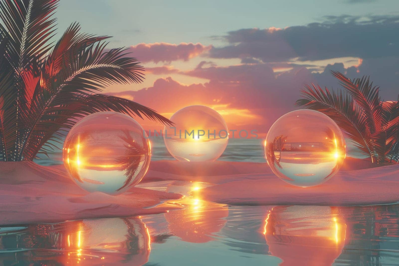 A beach scene with three large glass spheres reflecting the sun. The spheres are surrounded by palm trees and the water is calm. The scene has a peaceful and serene mood