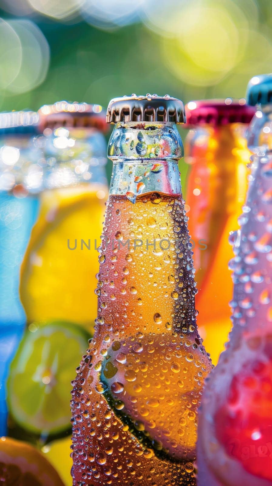 Close-up of colorful soda bottles with condensation