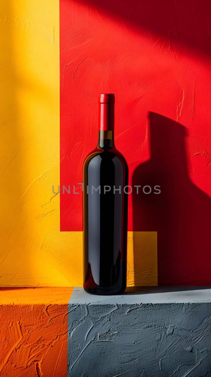 A bottle of red wine is resting on a concrete block, its glass liquidfilled and secured with a bottle stopper. This barware holds a delicious fluid waiting to be enjoyed
