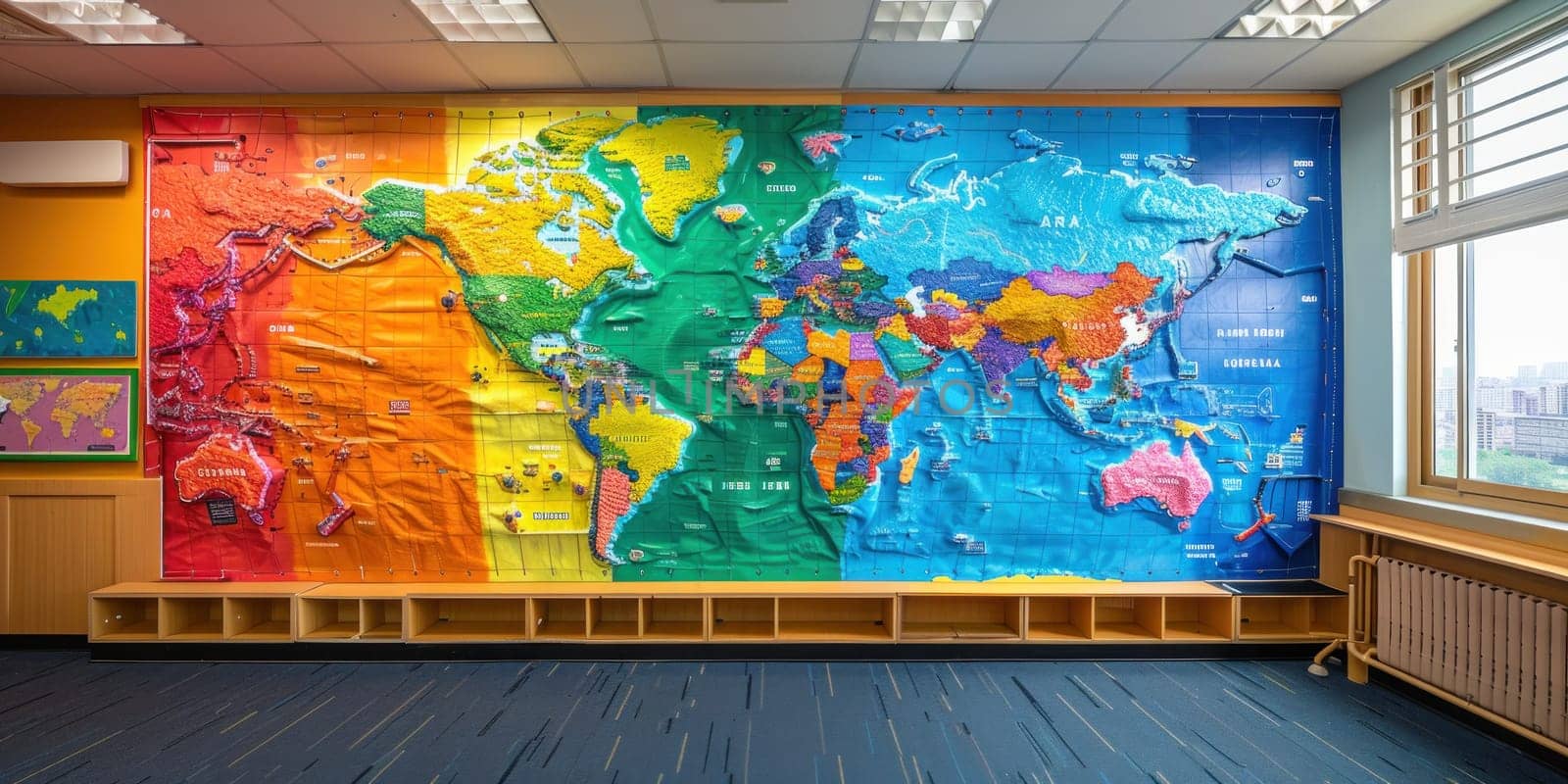 A large colorful world map is on the wall of a room by golfmerrymaker