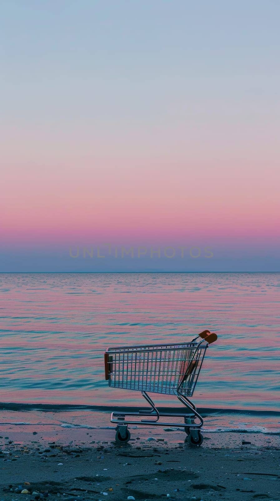 Shopping cart abandoned on a serene beach at sunset