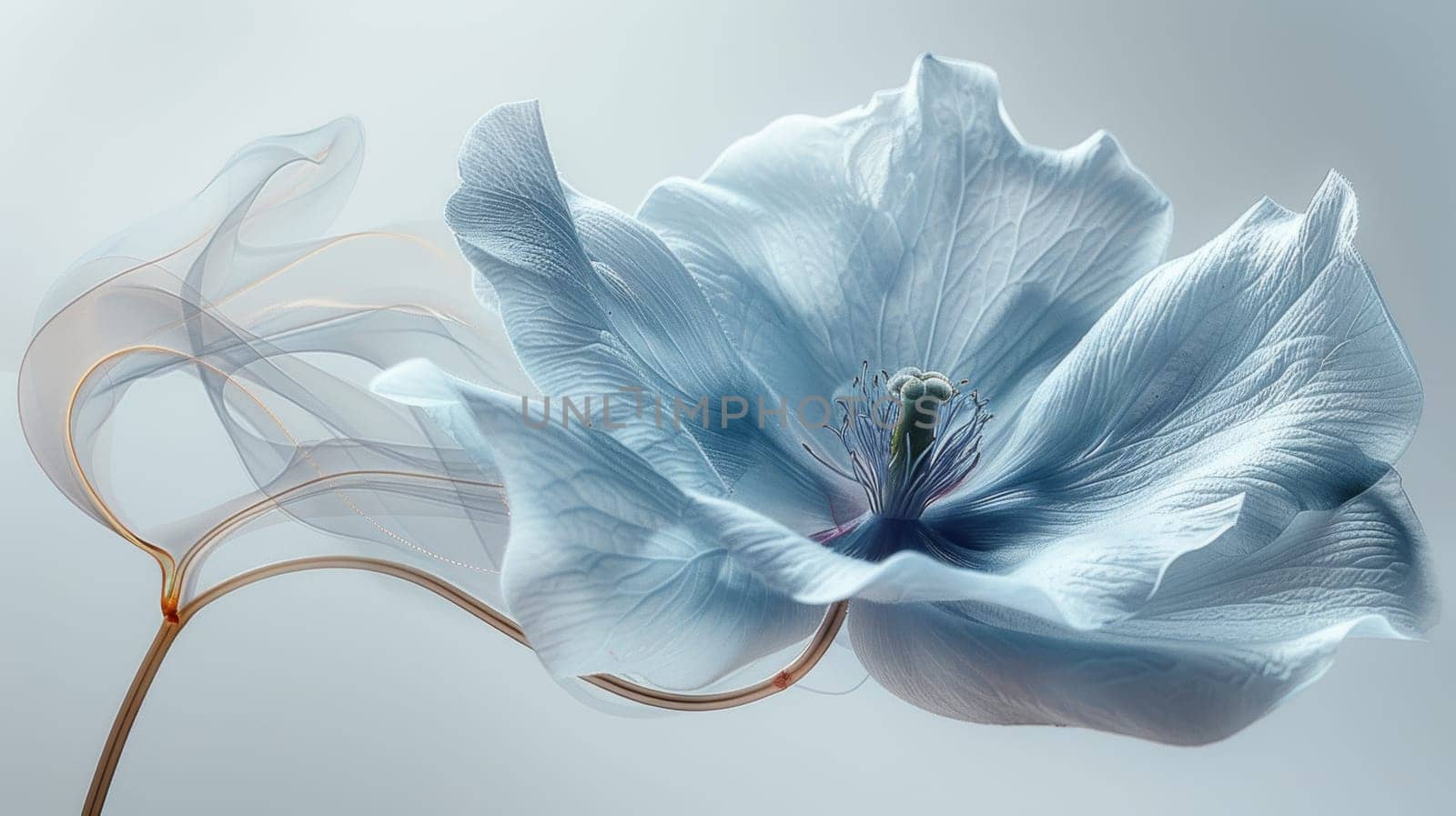 Elegant blue poppy flower with translucent petals and golden stems