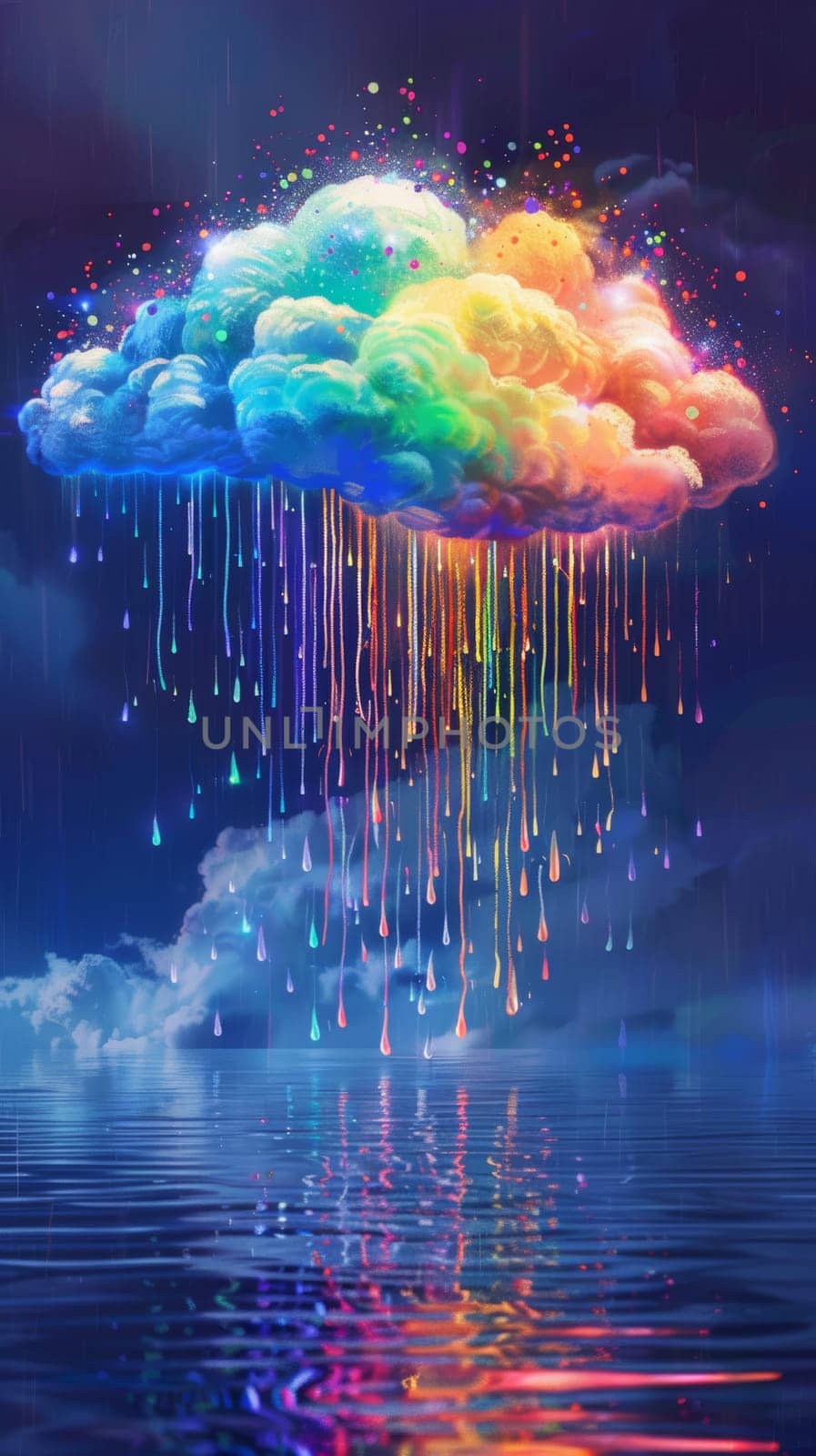 A colorful rainbow cloud floats above the surface of a body of water, creating a striking contrast with its vibrant hues against the blue sky and water below.