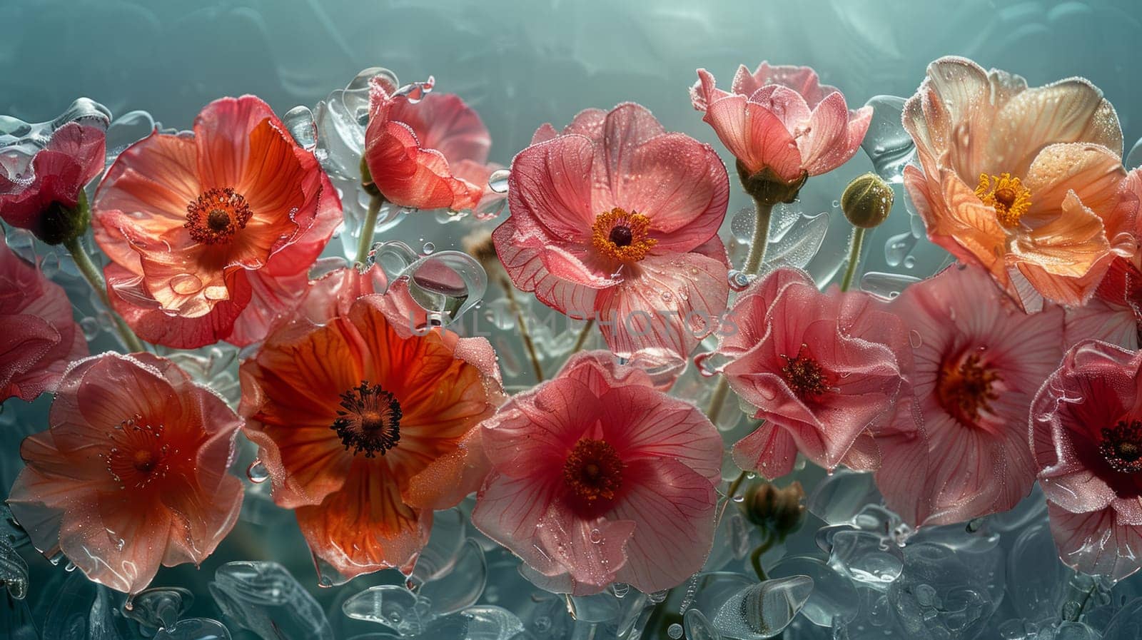 Transparent flowers under raindrops on a moody backdrop.