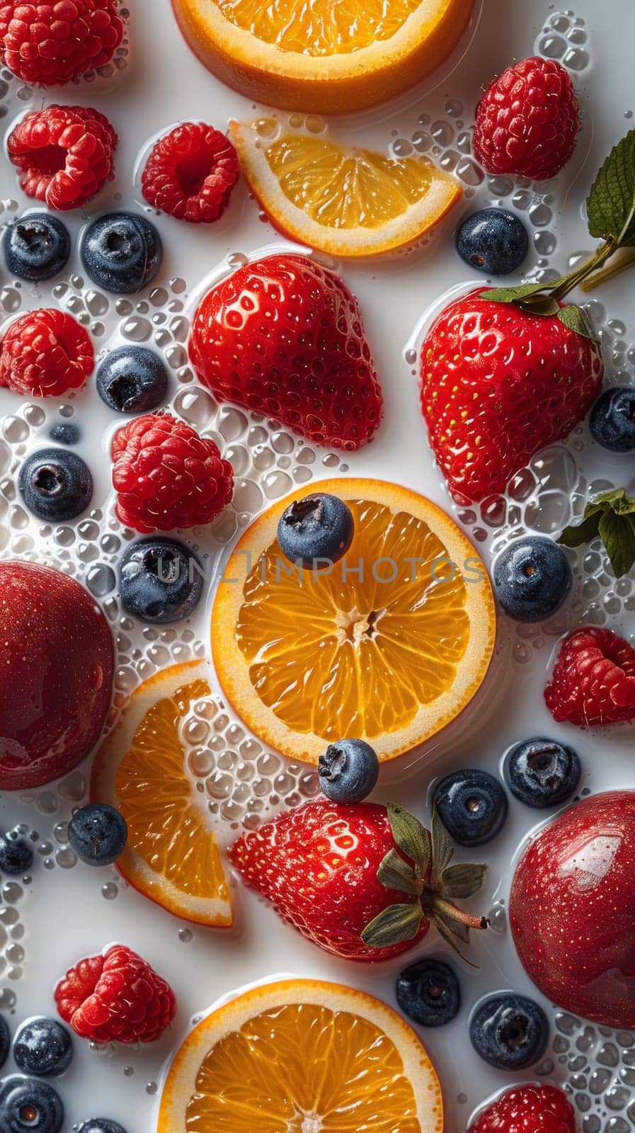 A white plate is displayed with a colorful assortment of fresh fruit including juicy oranges, plump strawberries, and vibrant blueberries. The fruits are neatly arranged in an appealing manner, making a visually pleasing and healthy snack option.