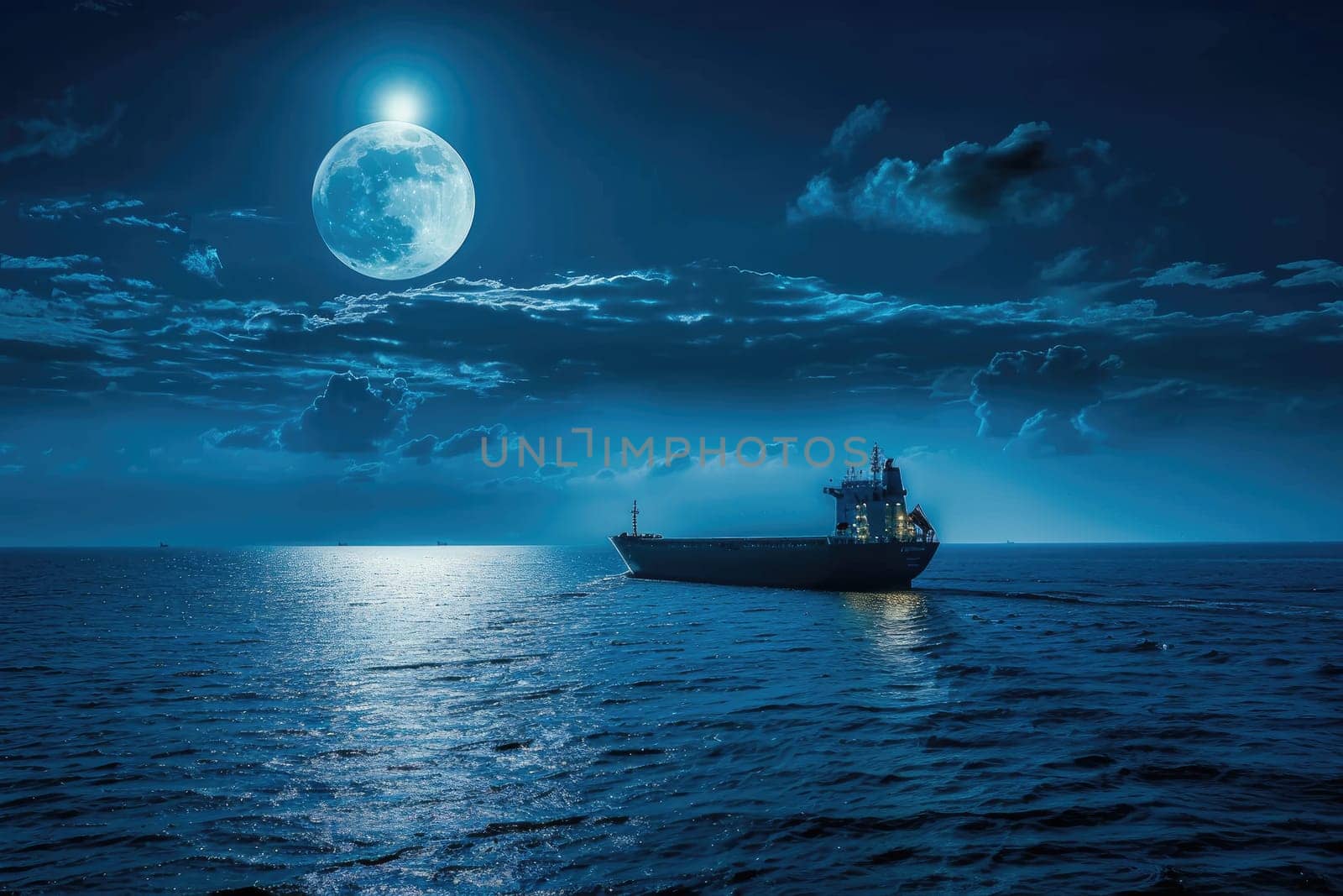 A dramatic silhouette of a cargo ship sailing across a calm ocean under a full moon