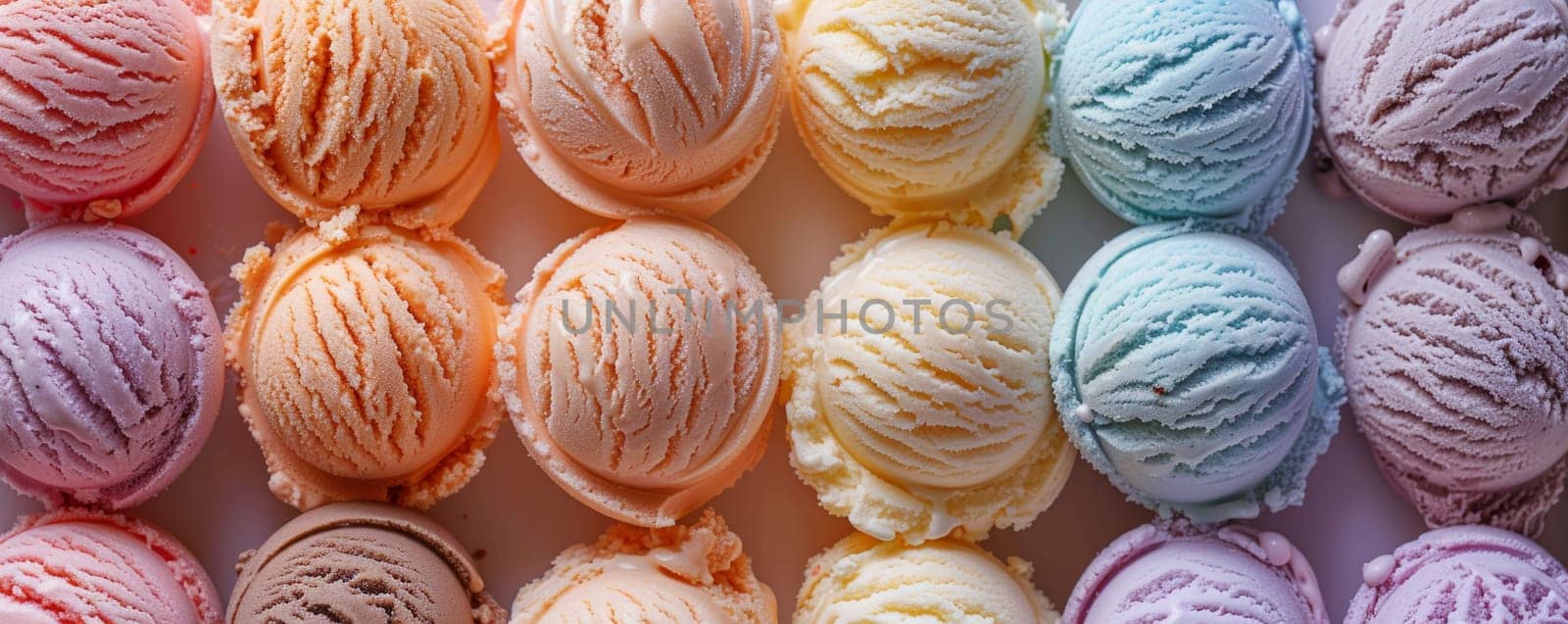 A group of ice creams of various flavors are neatly stacked on top of each other, creating a colorful and delicious tower of frozen treats. The textures and colors of each ice cream cone are visible, enticing the viewer to indulge in their sweetness.