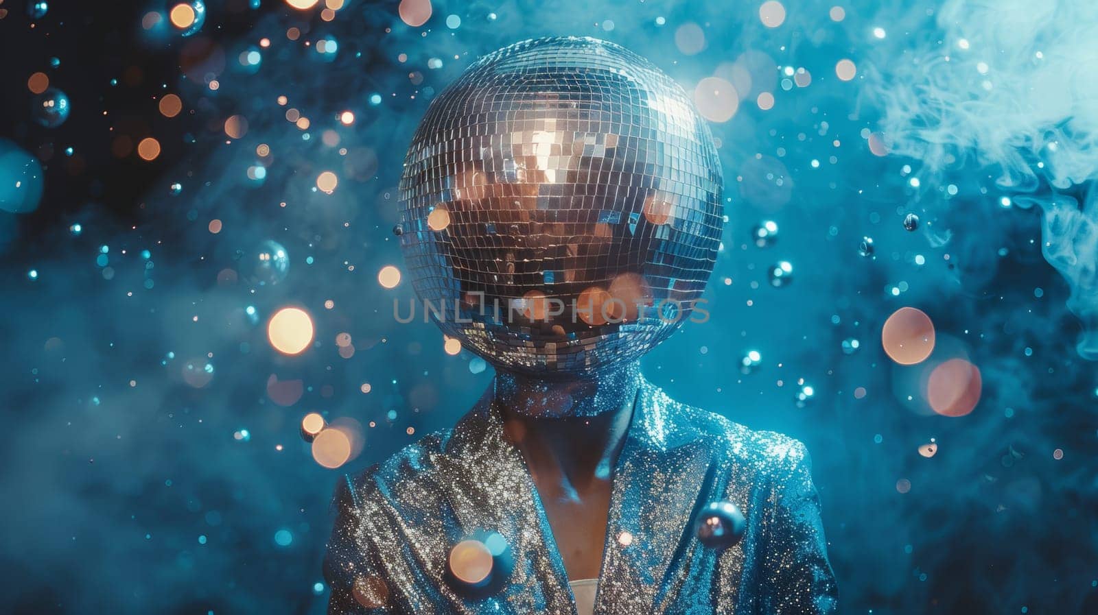 A person is standing with a shiny disco ball balanced on top of their head, creating a striking and unusual sight. The individual seems to be enjoying the unusual headpiece, bringing a fun and unique element to the environment.