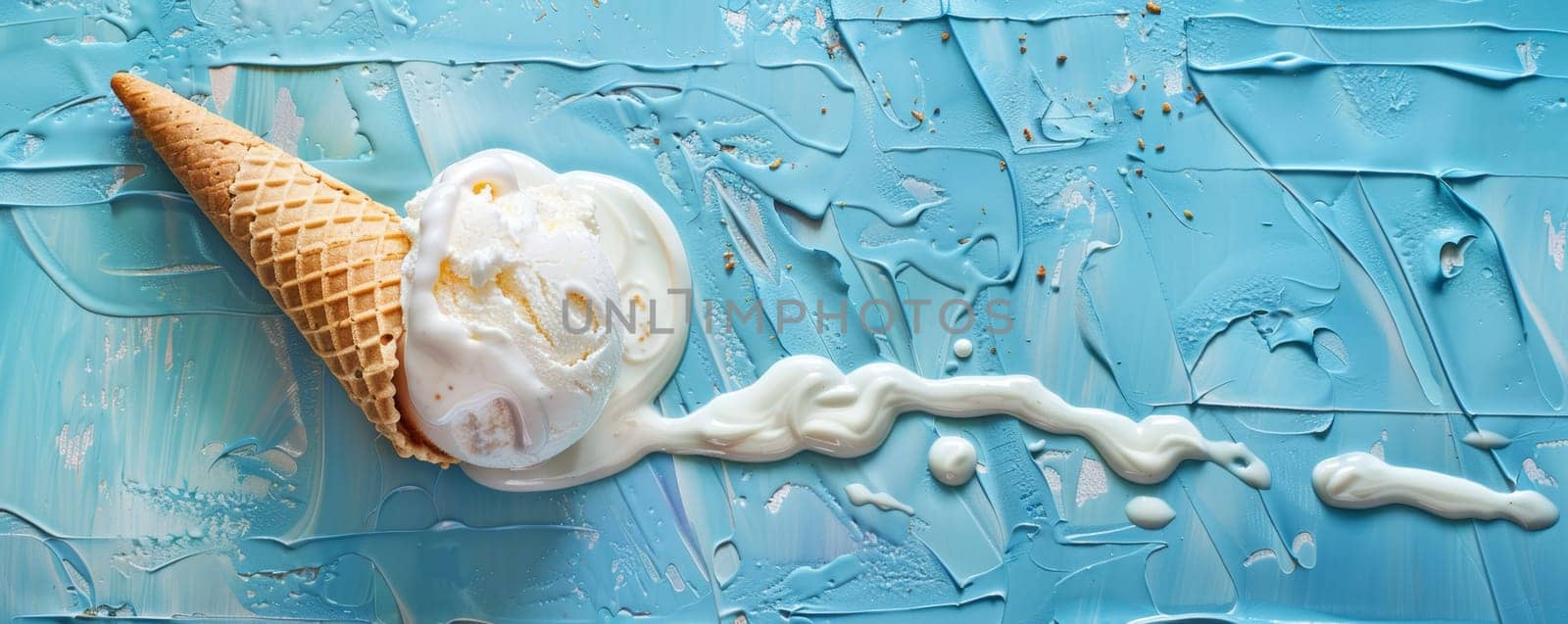Vanilla Ice Cream Cone Melting on Blue Background.