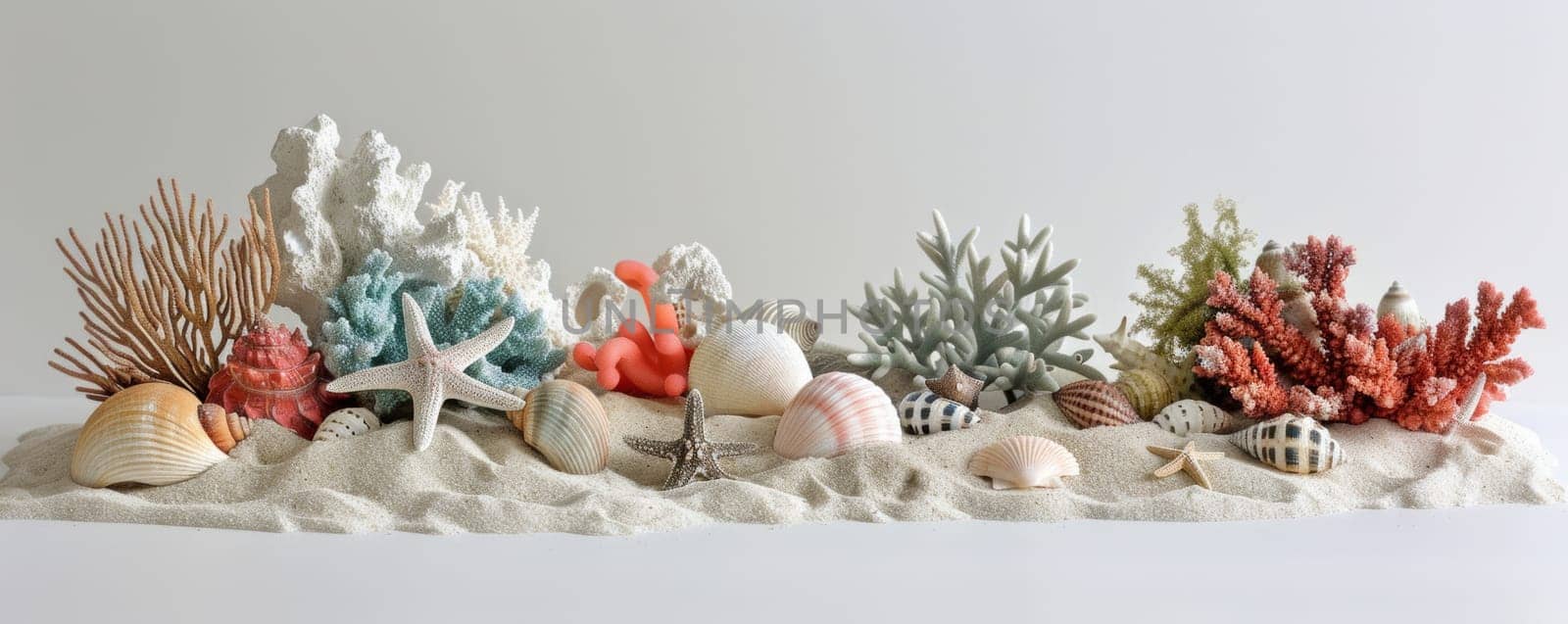 Assorted seashells and corals arranged on sandy surface
