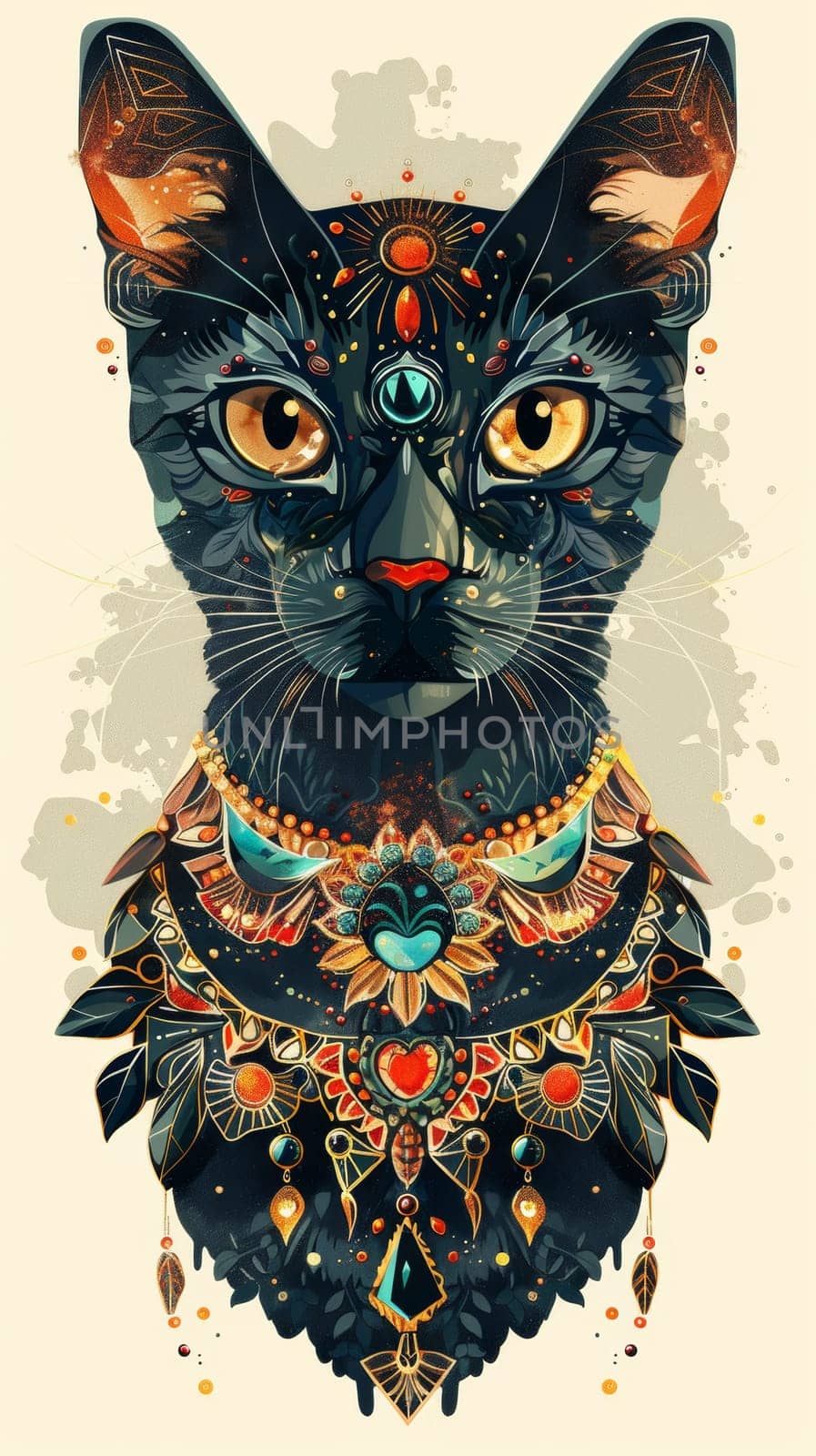 Ornate tribal cat illustration with vibrant colors