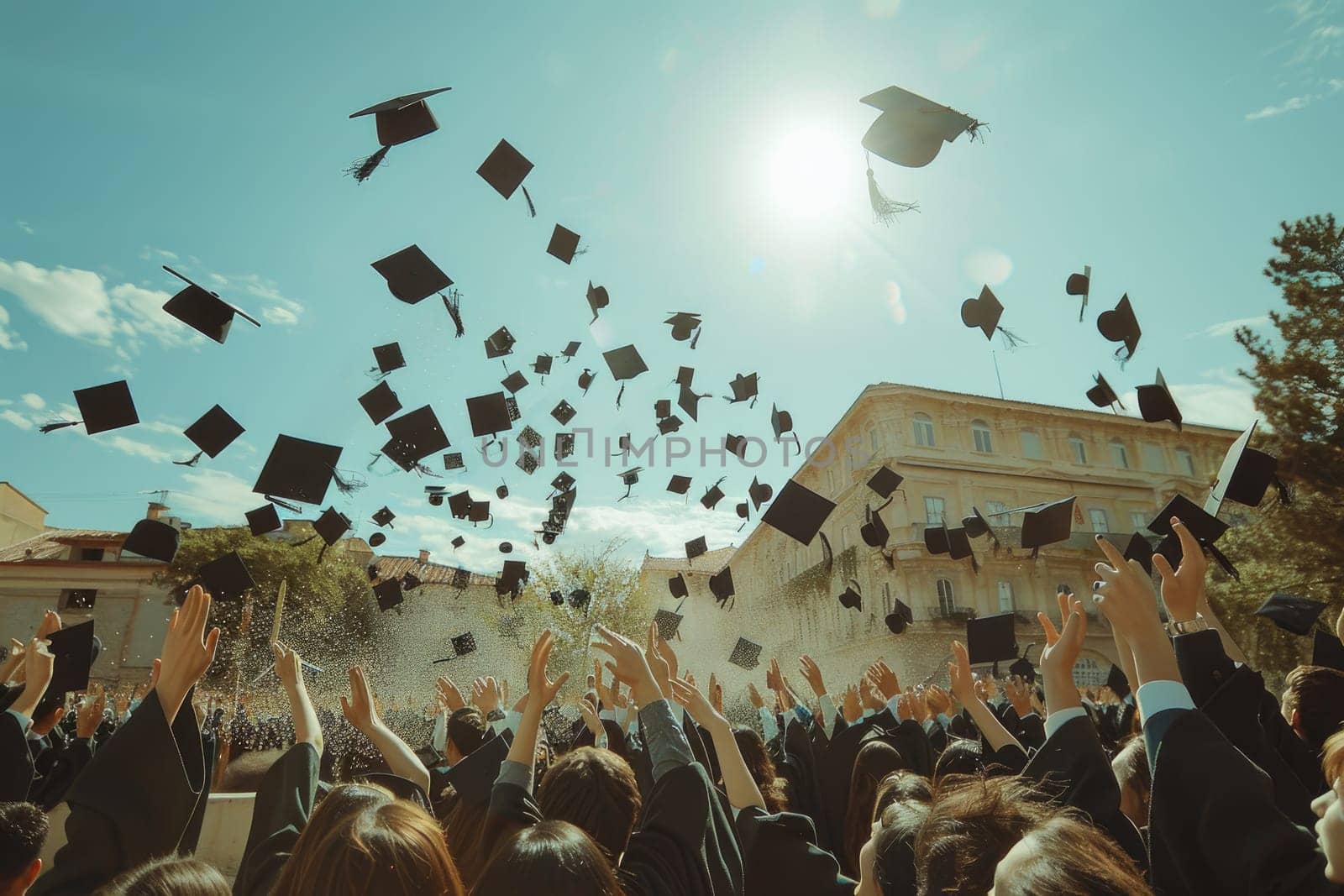 Group of university students in black gowns, throwing up their hats in the air