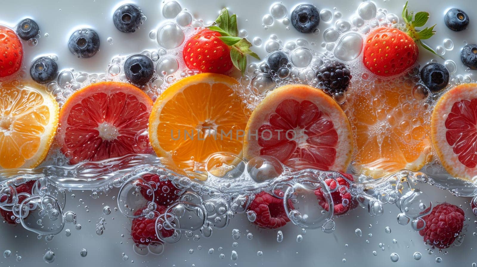 Sliced fruits submerged in milk drink with bubbles.