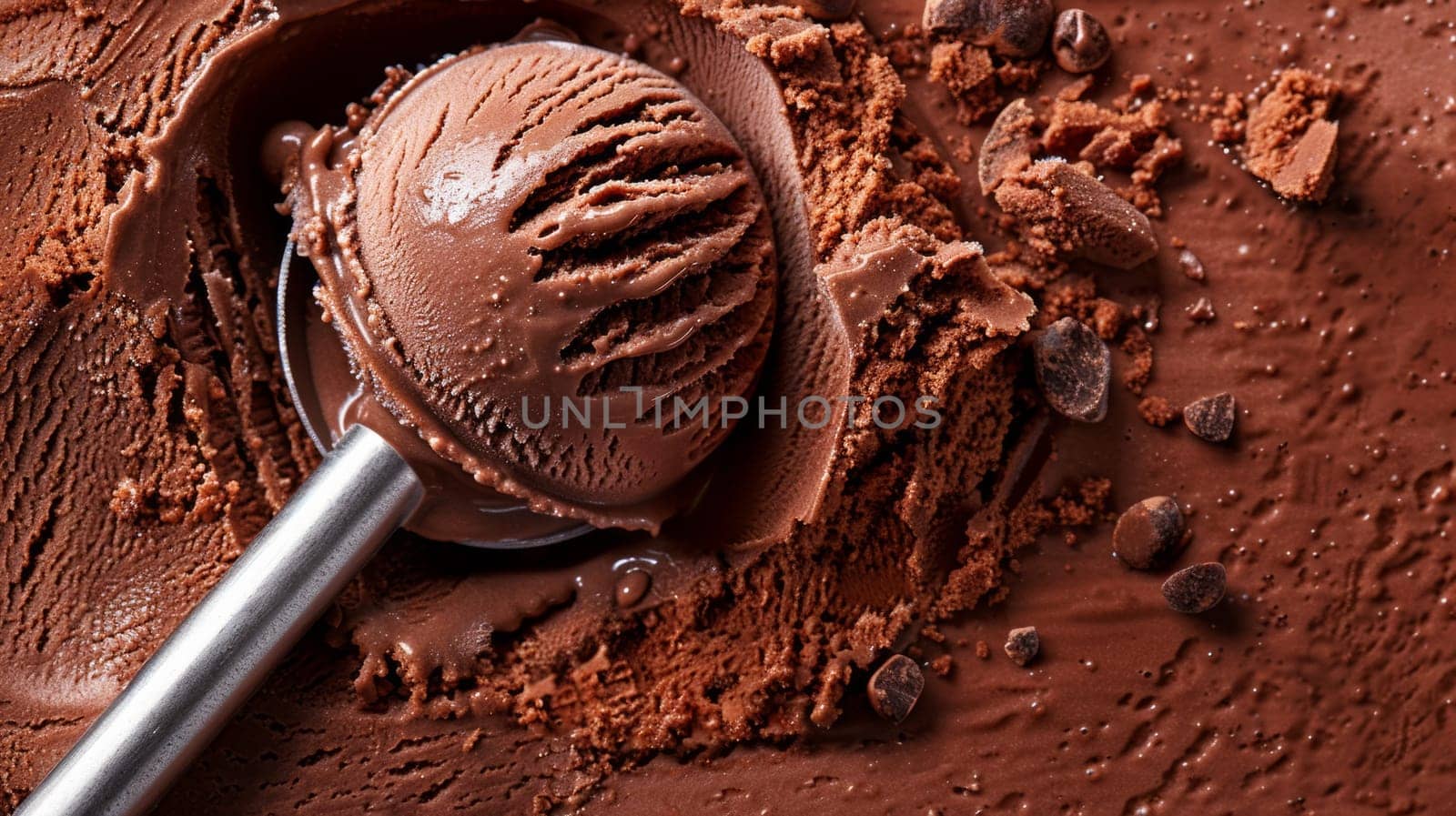 Chocolate ice cream on scoop ice cream background.