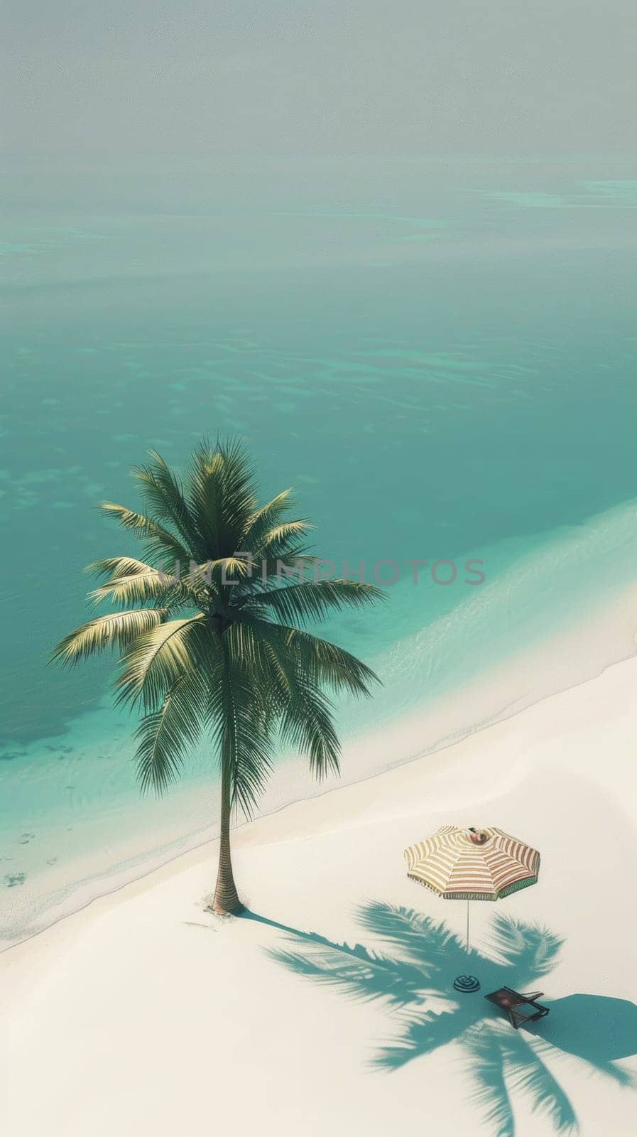 Palm tree and striped umbrella on a serene white sandy beach