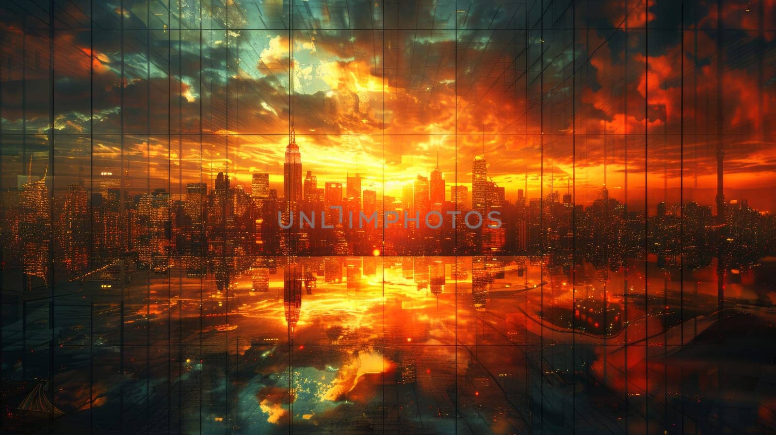 Fiery sunset over a futuristic city