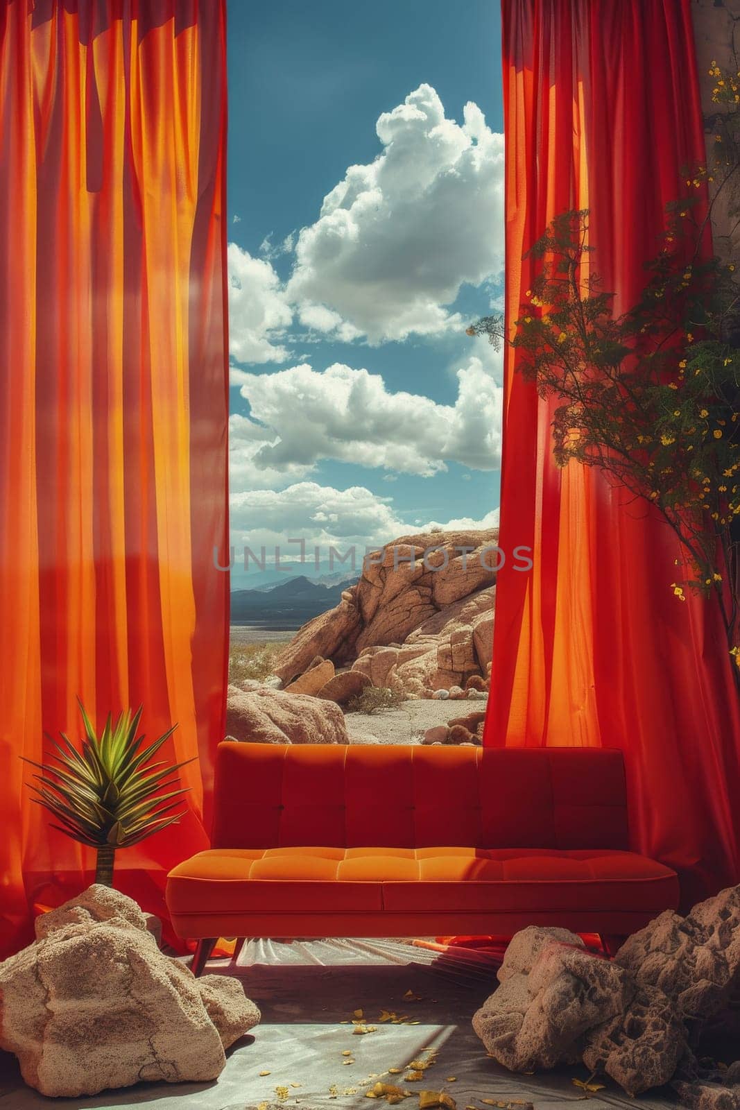 A red couch is in front of a curtain with a view of the mountains by itchaznong