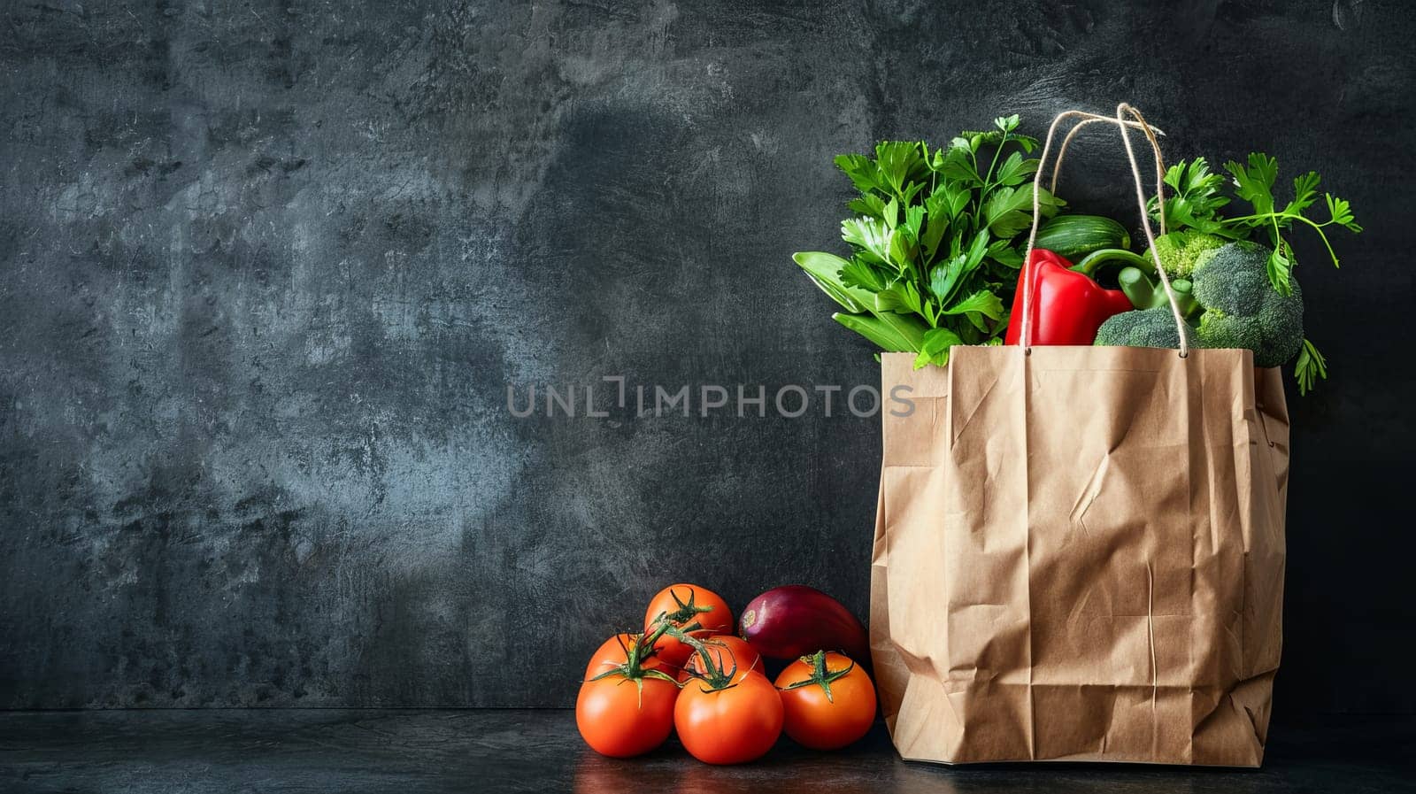 A bag of vegetables sits on a counter next to a wall. The vegetables include tomatoes, broccoli, and peppers