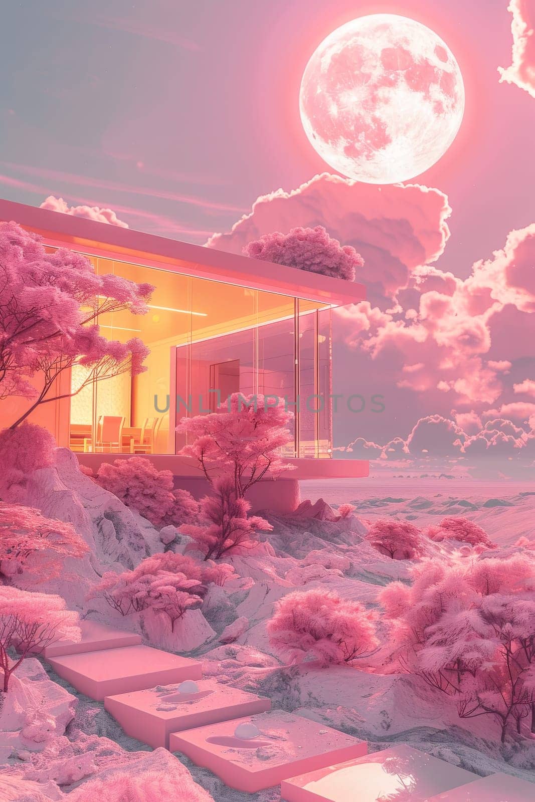 A house with a pink moon in the sky. The house is surrounded by trees and there is a path leading to it