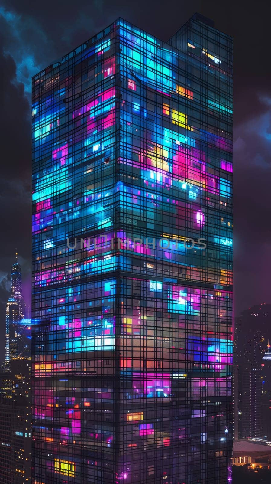 Illuminated skyscraper with vibrant neon lights at night