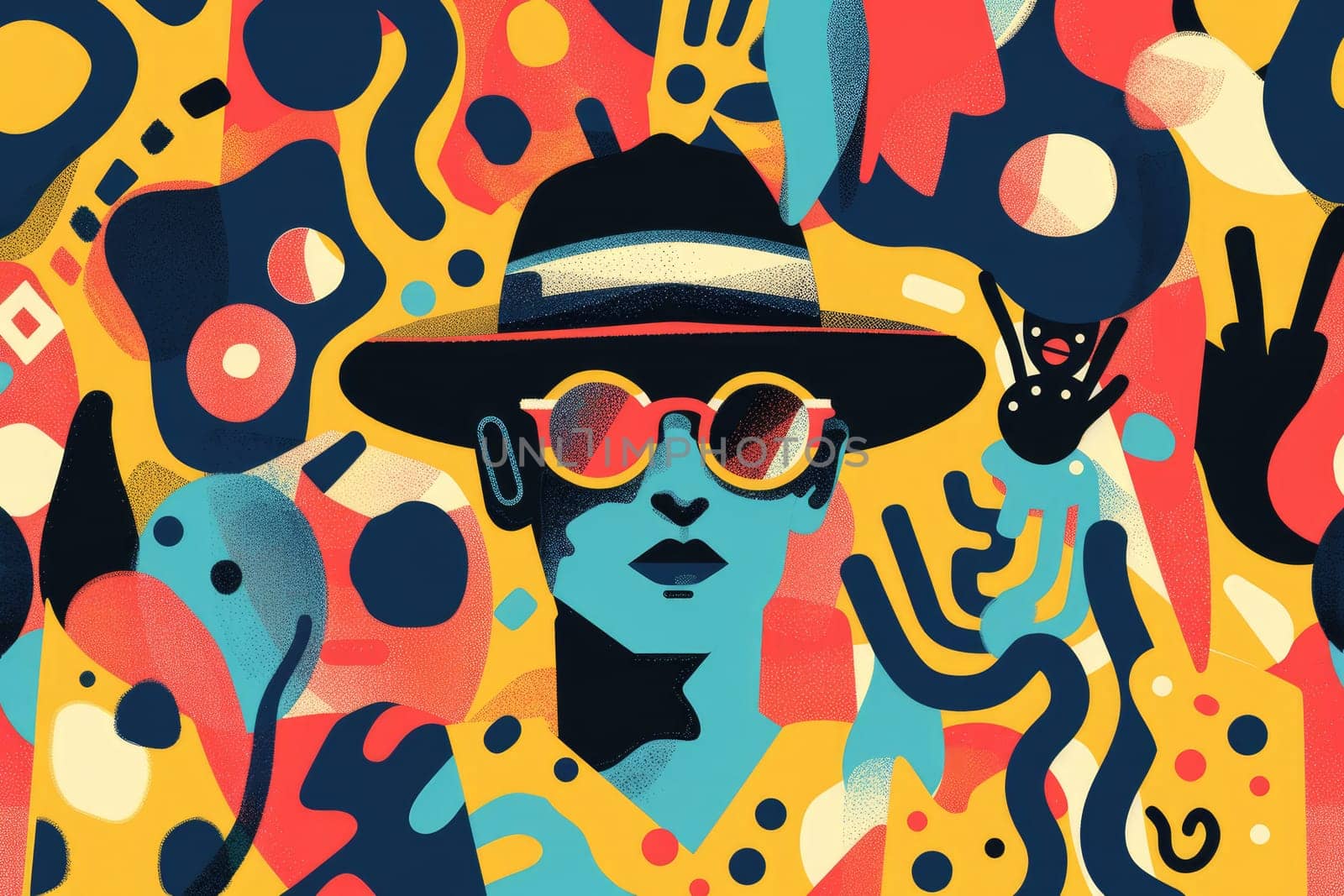 A man with a hat and sunglasses is surrounded by various shapes and colors. by Chawagen