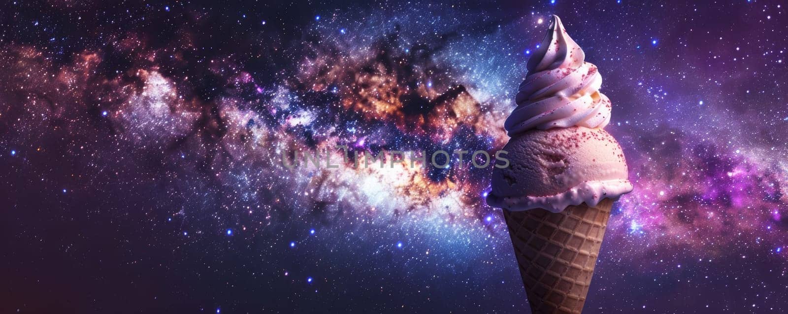 Ice cream cone against a galaxy background - creative space concept.