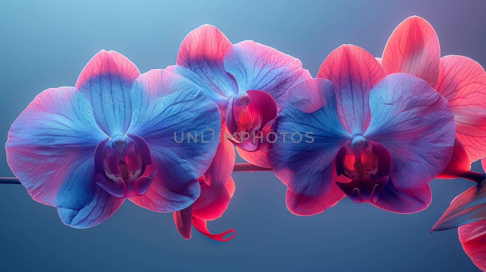 Vibrant blue and pink orchids with detailed textures