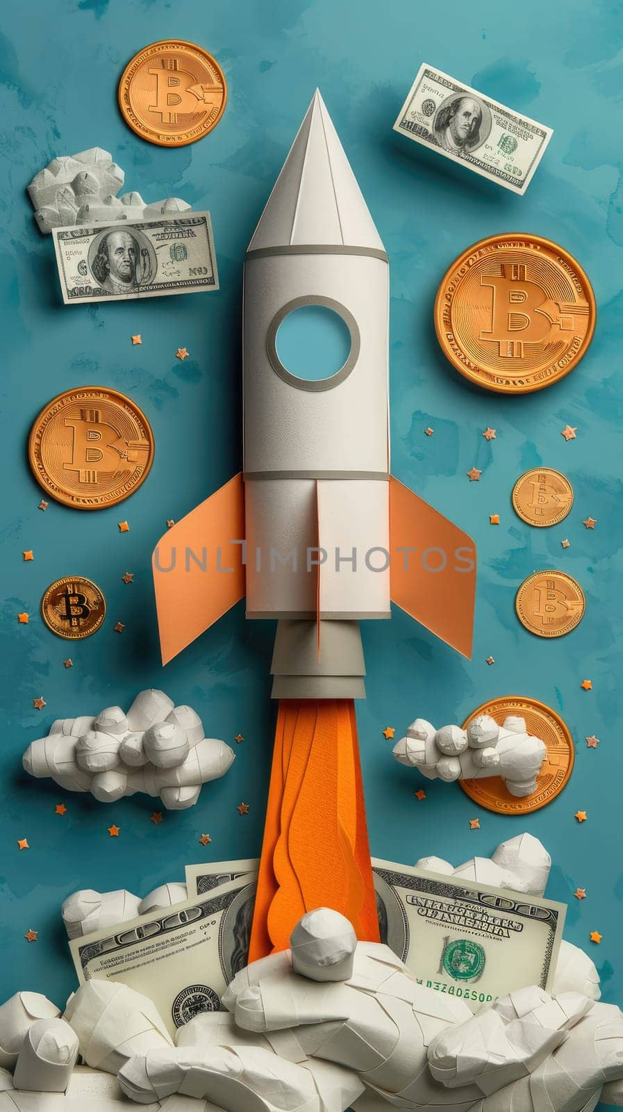 Minimalist paper cutout illustration of rocket is launching, coin and dollar bill. by Chawagen