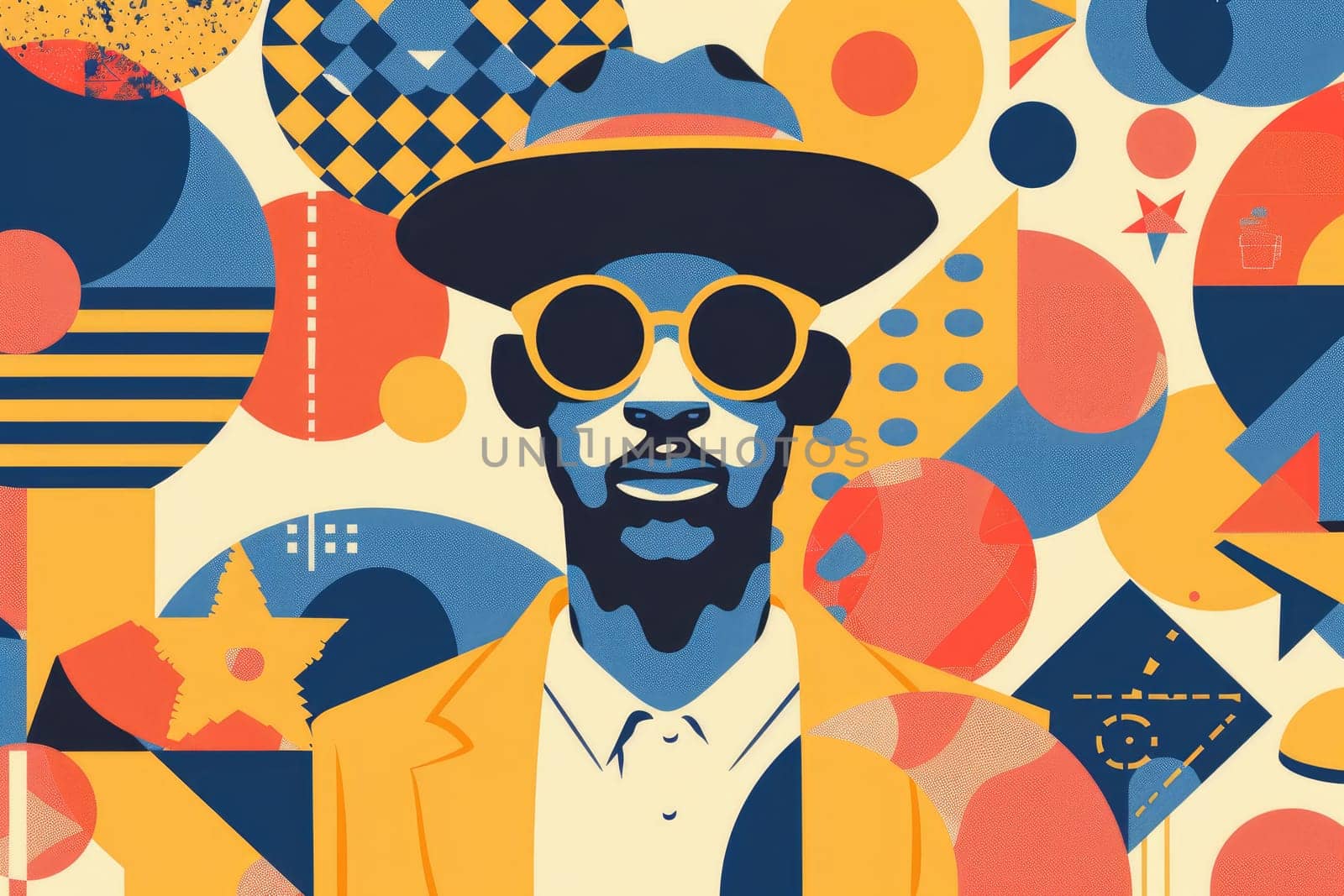 A man with a hat and sunglasses is surrounded by various shapes and colors