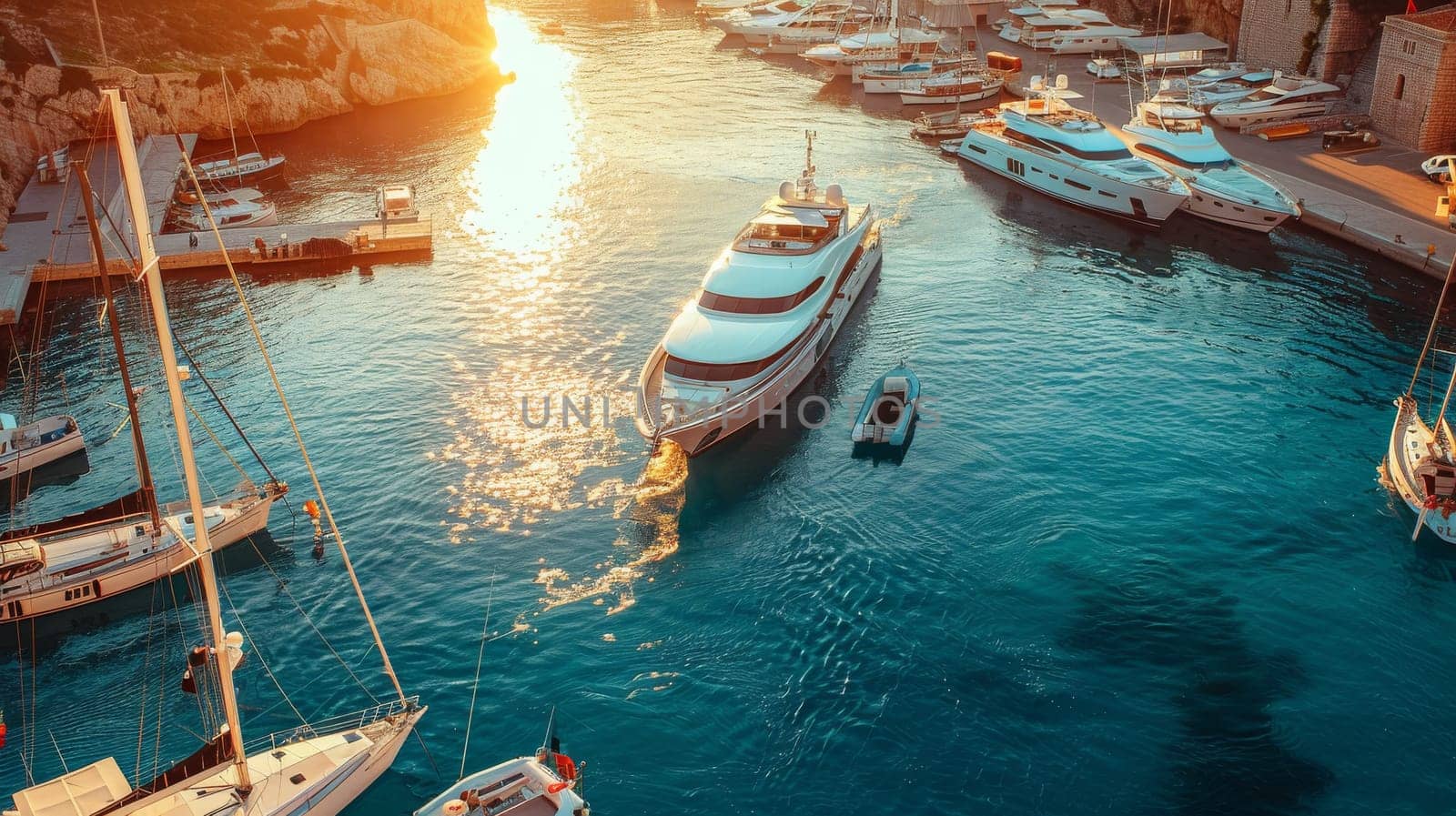 A boat is sailing in the water with other boats in the background. The sun is setting, creating a beautiful and serene atmosphere