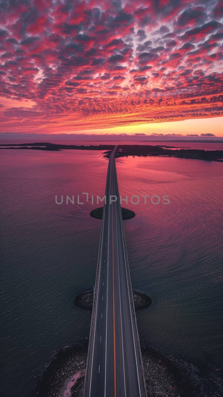 Aerial view of a long bridge over calm waters at sunset with dramatic cloud formations