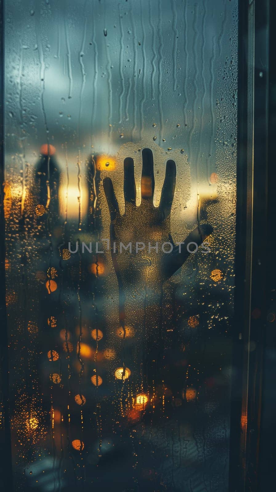 Hand pressing against a foggy window with city lights in the background