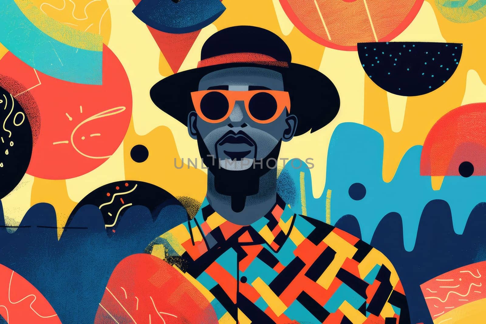 A man with a hat and sunglasses is surrounded by various shapes and colors