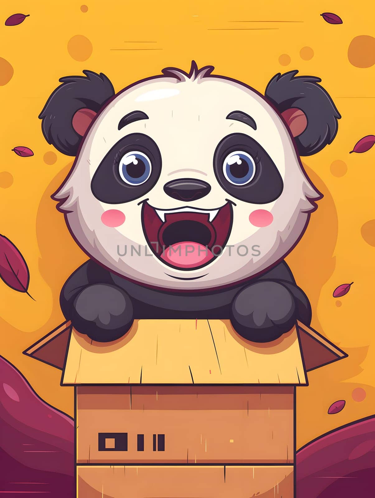 A happy cartoon panda bear, a vertebrate mammal, is sitting in a magenta cardboard box. This cute art animation is part of a visual arts animated cartoon