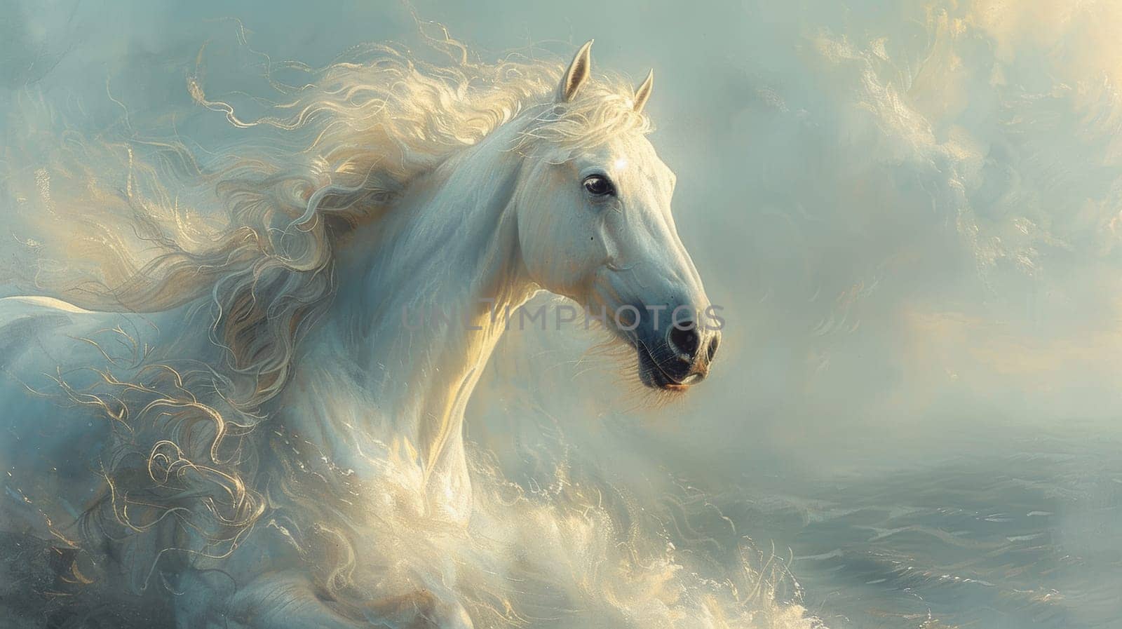 Majestic white horse in a mystical cloudy atmosphere
