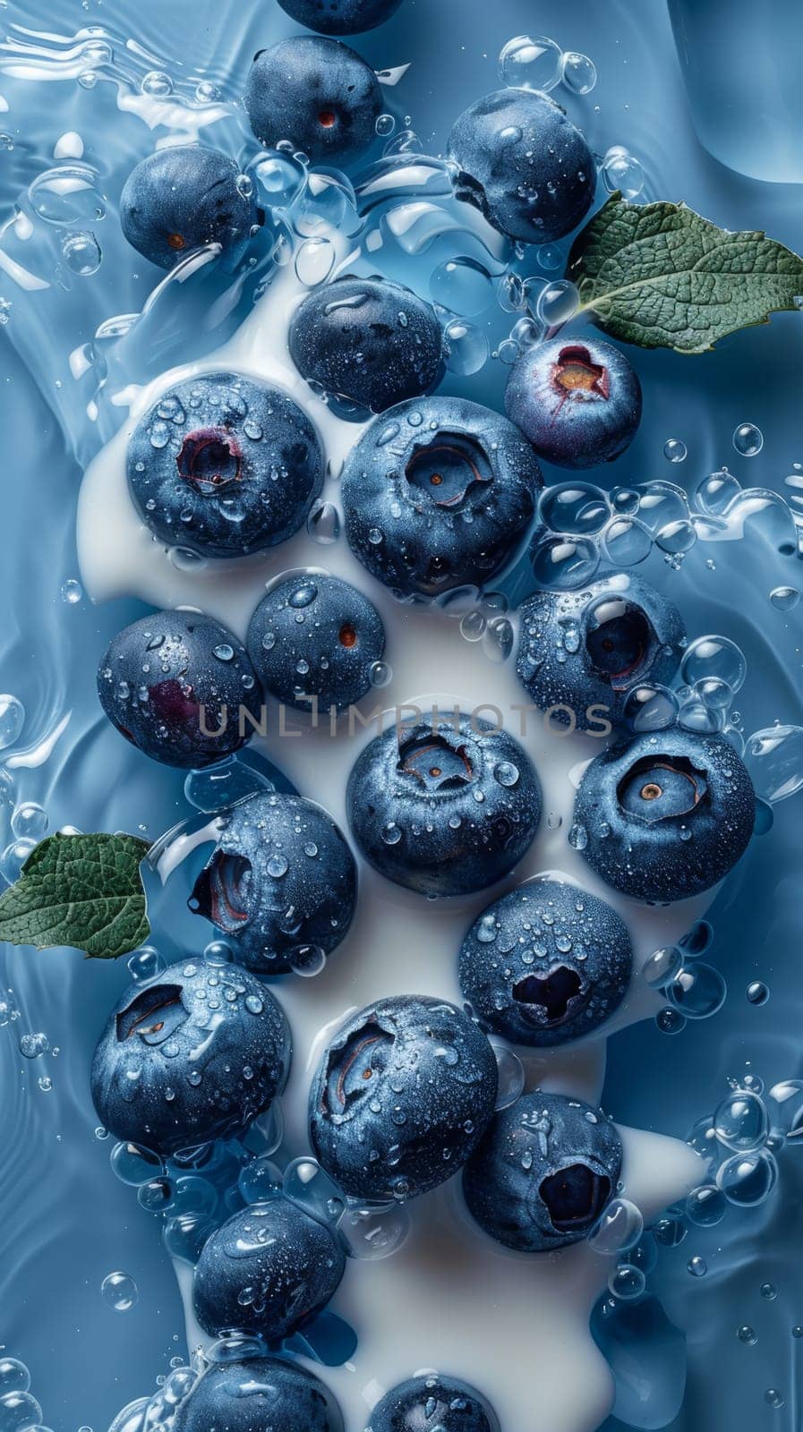 Fresh blueberries and creamy yogurt placed in a clear bowl filled with water. The blueberries float on the surface while the yogurt swirls and mixes with the water, creating a unique and refreshing snack or dessert.