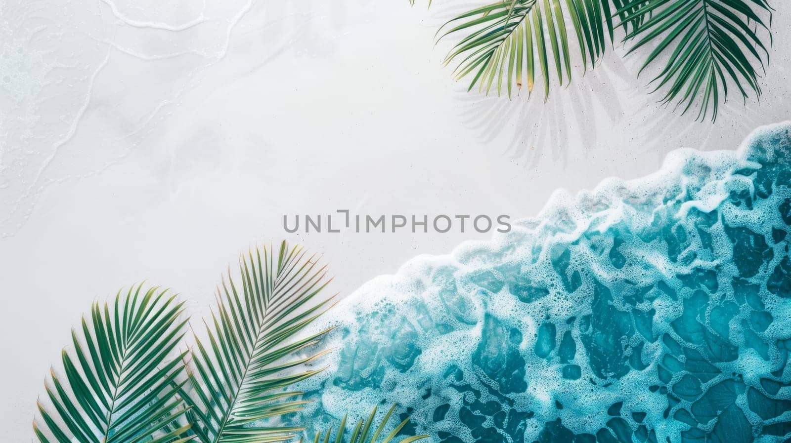 Tropical beach with palm leaves and ocean waves
