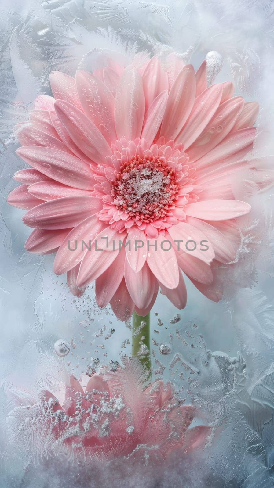 Pink gerbera flower with frost.