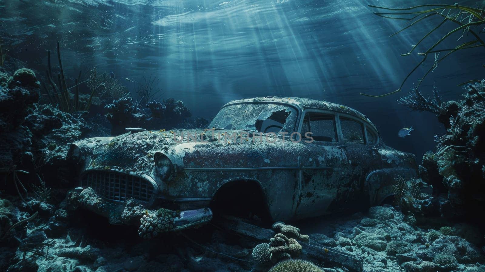Underwater rusty old car surrounded by marine life