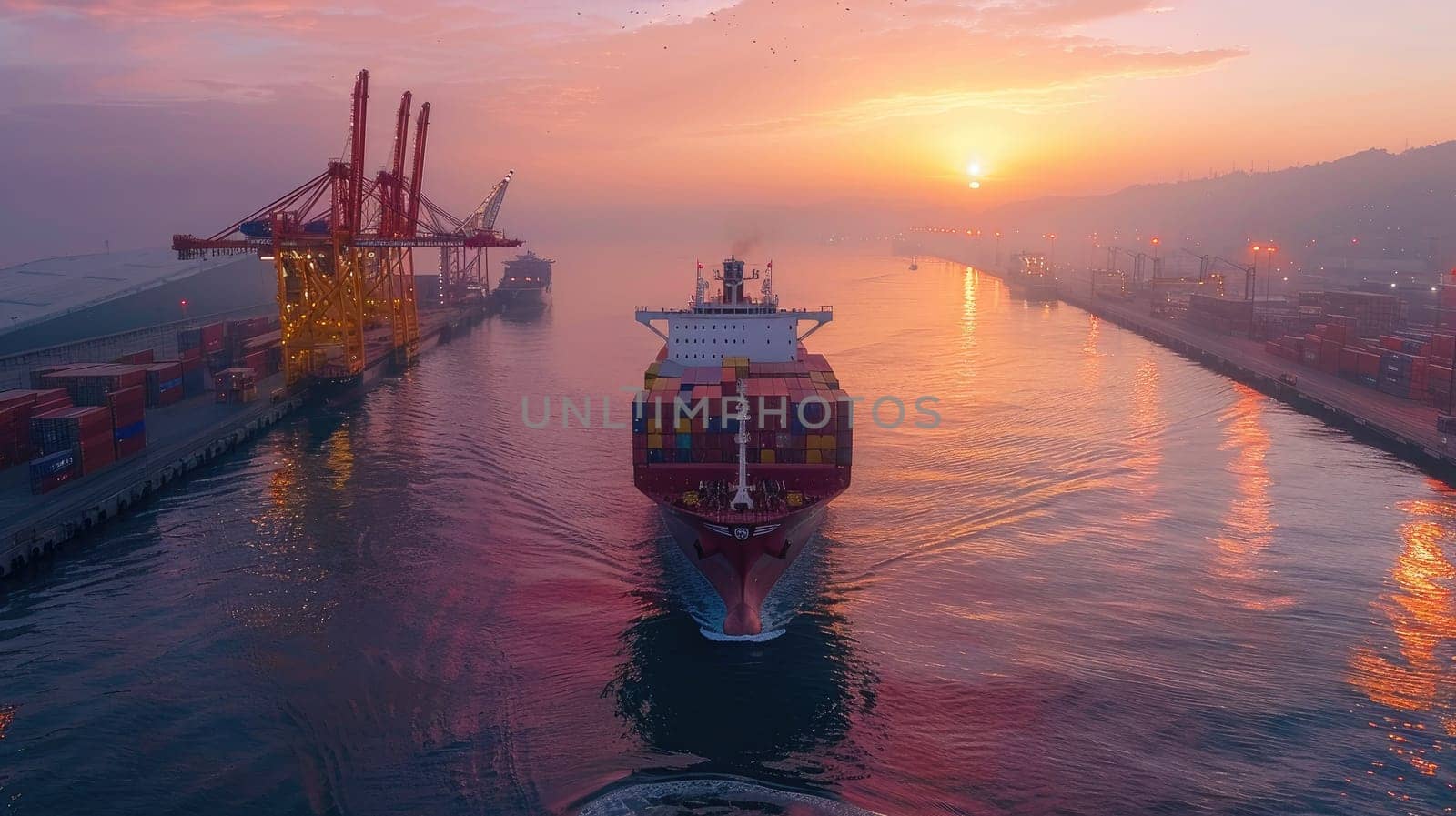 Cargo ship dwarfs colorful container cranes as it enters a bustling international port at sunrise. by Chawagen