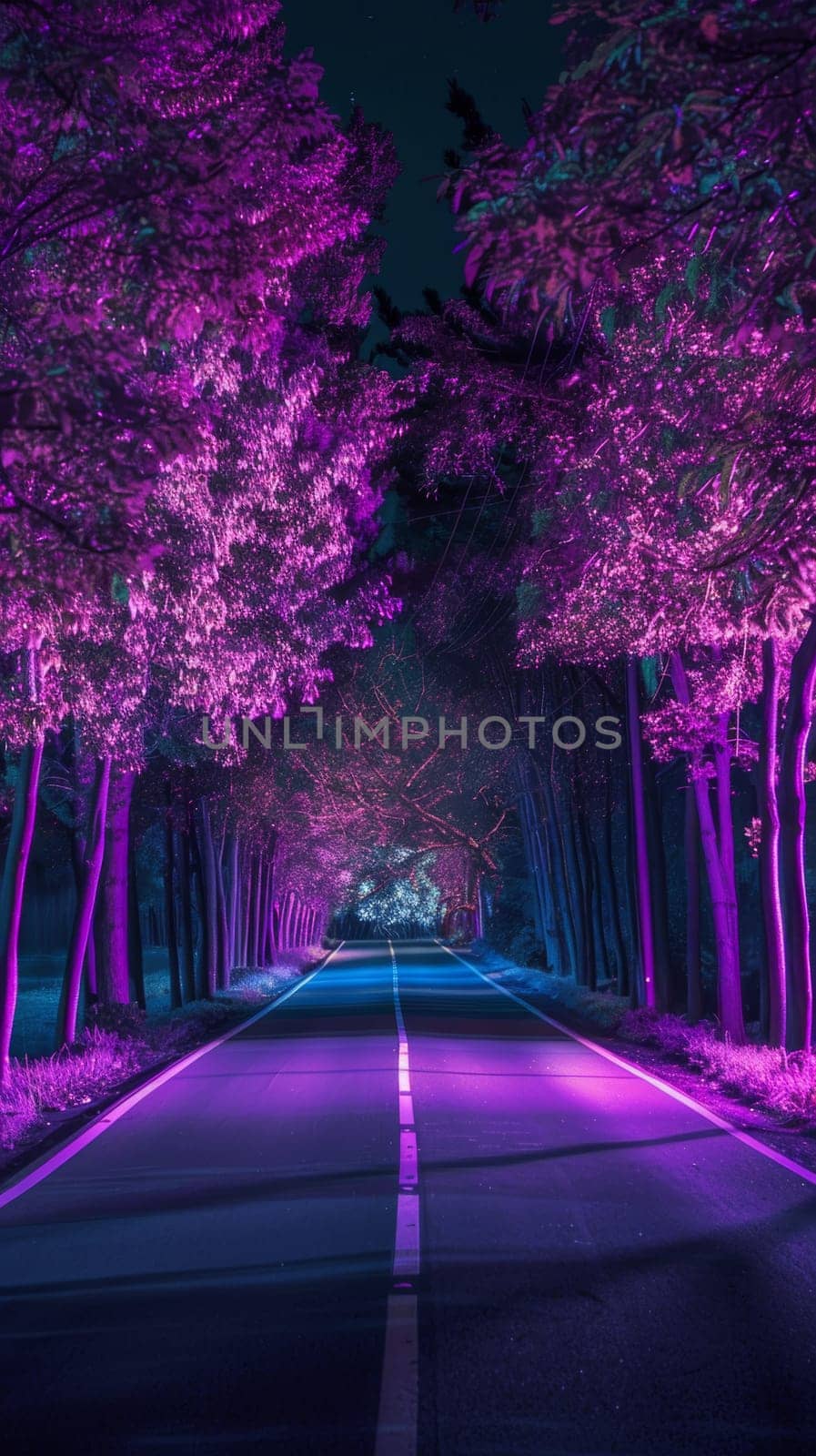 Neon-lit road surrounded by pink and purple illuminated trees at night