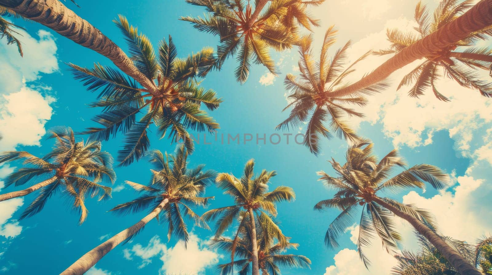 Looking up at palm trees against a blue sky